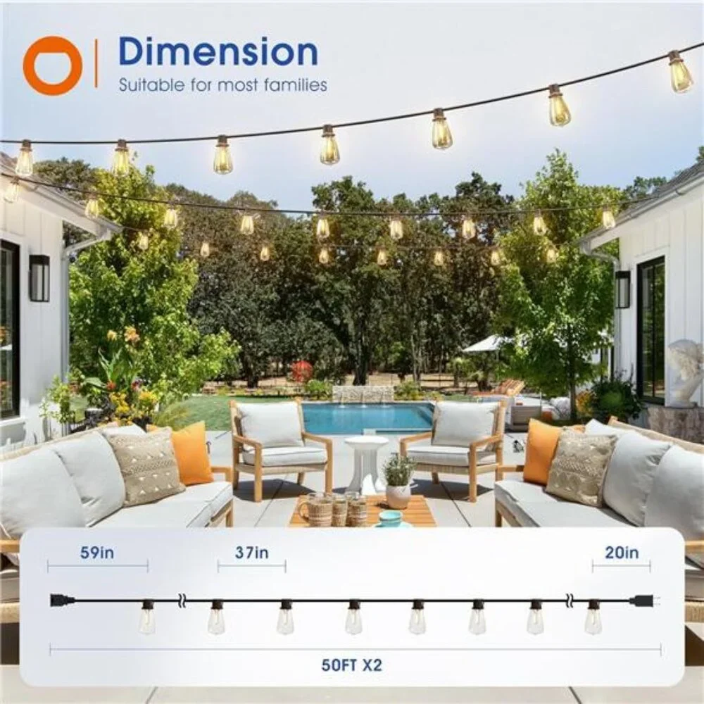 100FT(50FT*2)LED Outdoor String Lights Waterproof Patio Lights with Shatterproof